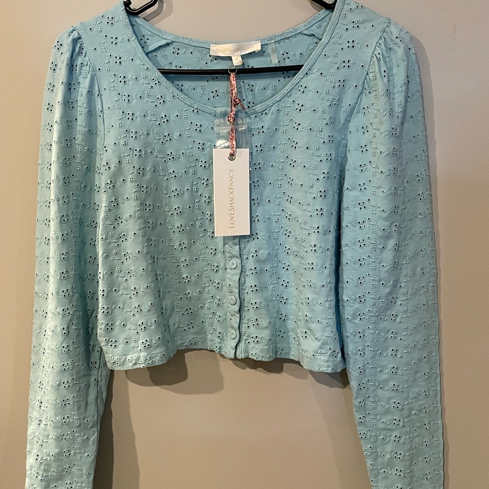 LOVESHACKFANCY Jonah Crop Cardigan Powder Blue Size M NWT